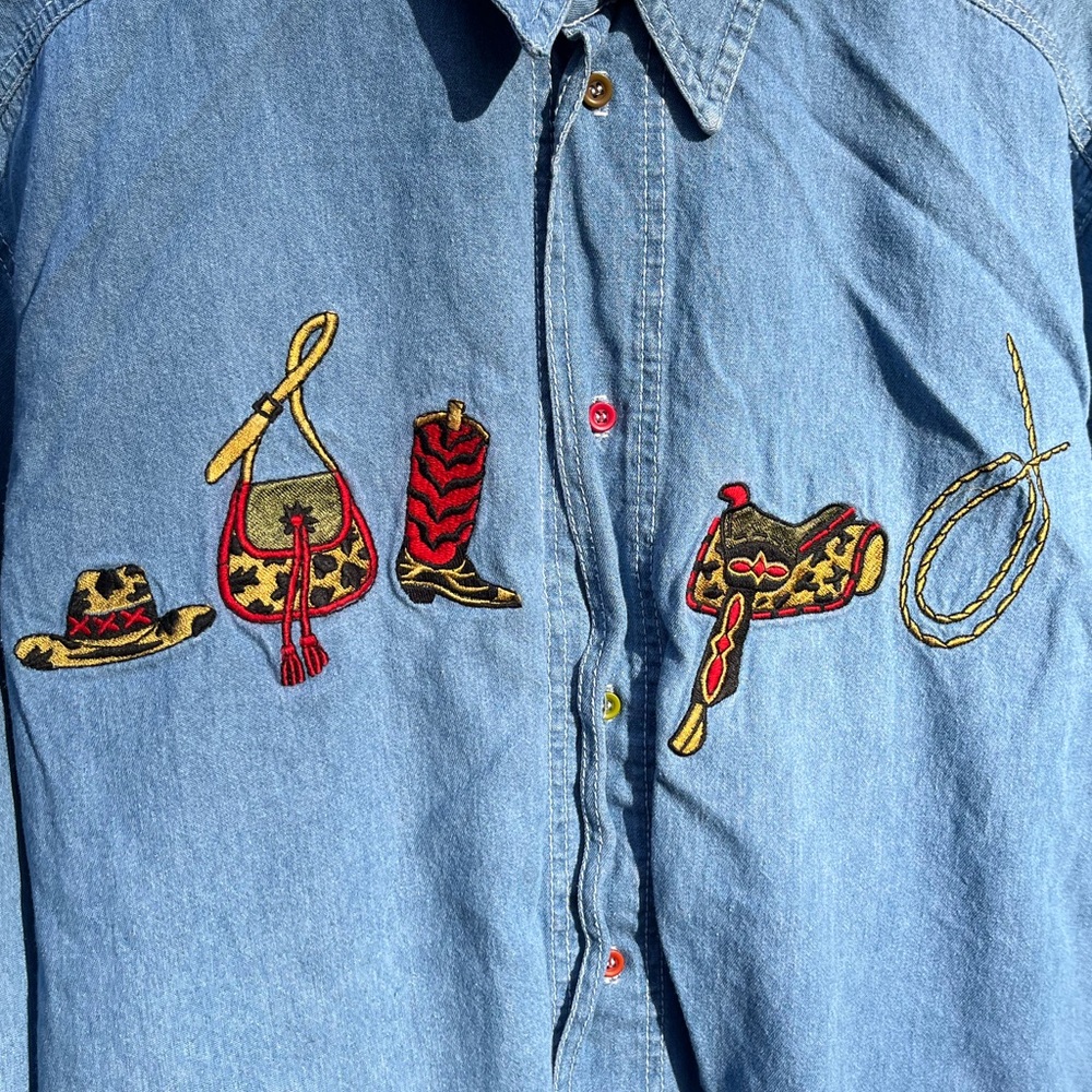 80s Groupy Western Denim Button-Up Shirt Size M Cowboy - Picture 3 of 14